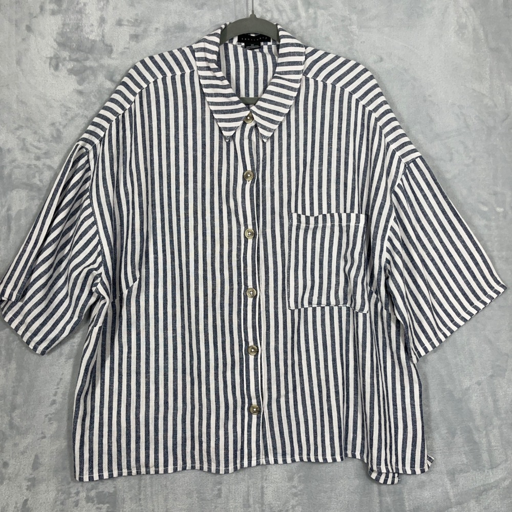 Sanctuary Womens Button Up Shirt 3X Blue White Striped Linen Blend Coastal Boxy